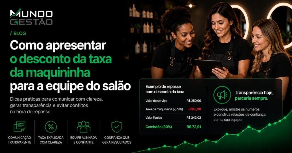 Dona de salão de beleza mostrando demonstrativo de repasse para profissional cabeleireiro em conversa transparente