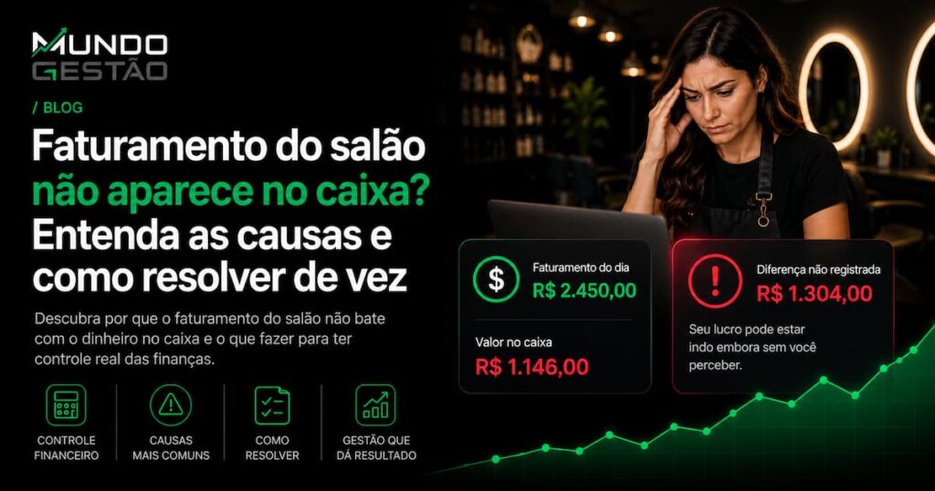 Dona de salão de beleza analisando extrato bancário com saldo diferente do faturamento esperado